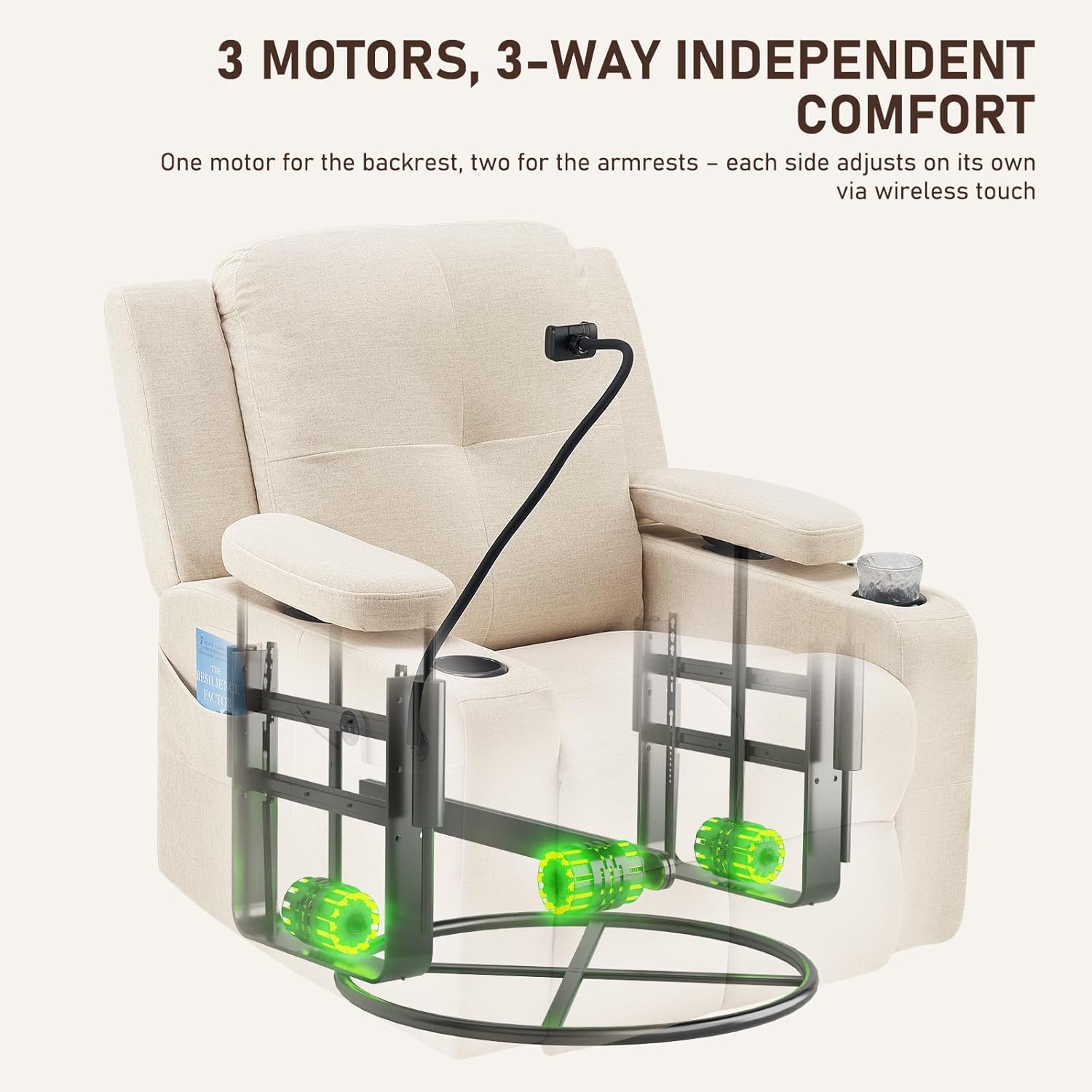 Furnimart Power Rocking Chair Nursery with Adjustable Armrests, Triple Motor Glider Recliner Swivel Nursing Chair for Breastfeeding with Phone Holder, Side Storage, Soft Waterproof Fabric, Beige
