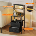 Furnulem Nightstand, Tall Night Stand & Bedside Table with Charging Station | RGB LED Light & USB Ports & type-C, 2 Fabric Drawers and 4-Tier Shelves Bedside End Table for Bedroom Dorm Storage, Black Oak