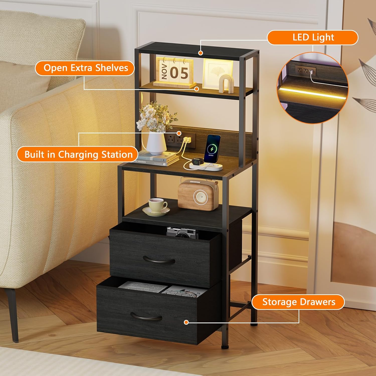 Furnulem Nightstand, Tall Night Stand & Bedside Table with Charging Station | RGB LED Light & USB Ports & type-C, 2 Fabric Drawers and 4-Tier Shelves Bedside End Table for Bedroom Dorm Storage, Black Oak