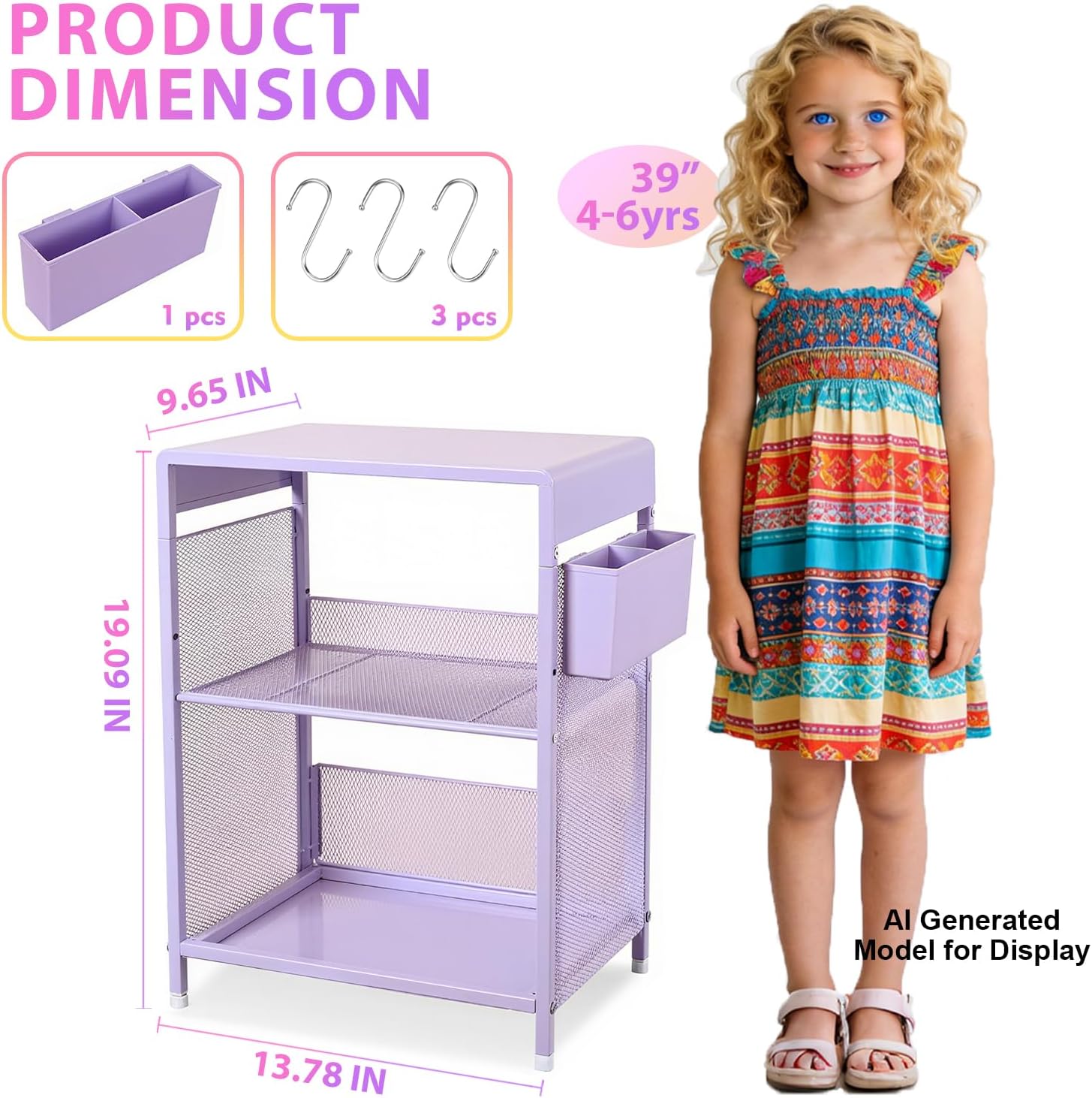Purple Nightstand, End Table with Hooks and Holder, Kids Nightstand for Bedroom, Toddler Bedside Table, Small Desk for Girls, Coffee Table for Living Room, Dorm, Office (Purple)