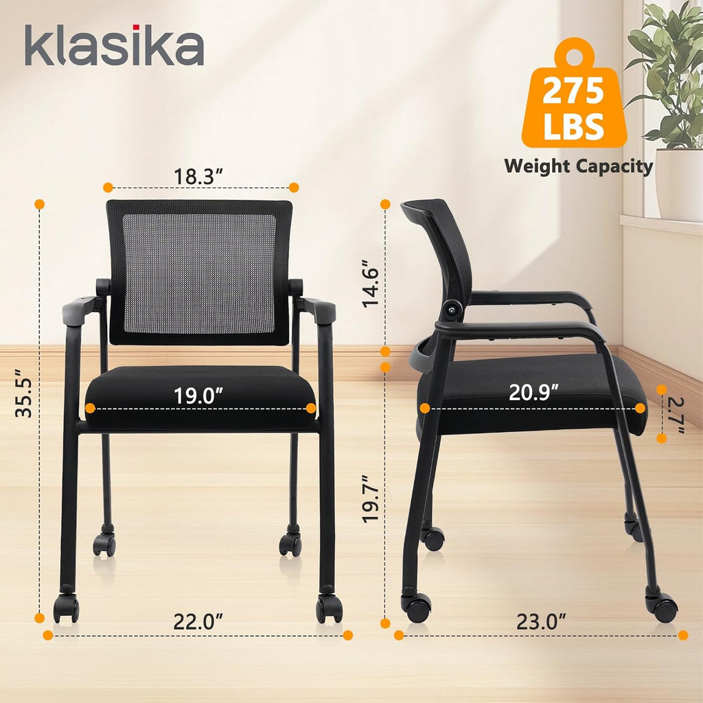 KLASIKA Ergonomic Mesh Back Armchairs with Non-Slip Mute Casters and Upholstered Fabric Thickened Seat, Reception Guest Chair with Lumbar Support for School Church Office Conference Room, Black 8Pack