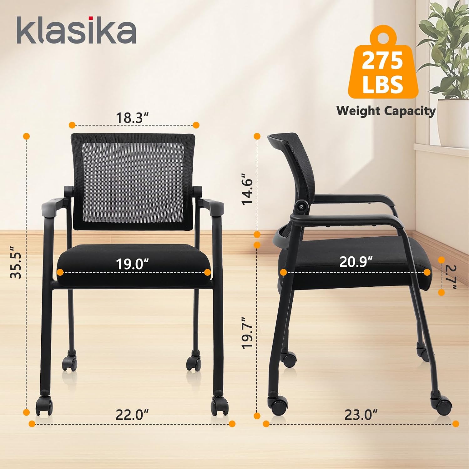 KLASIKA Ergonomic Mesh Back Armchairs with Non-Slip Mute Casters and Upholstered Fabric Thickened Seat, Reception Guest Chair with Lumbar Support for School Church Office Conference Room, Black 8Pack