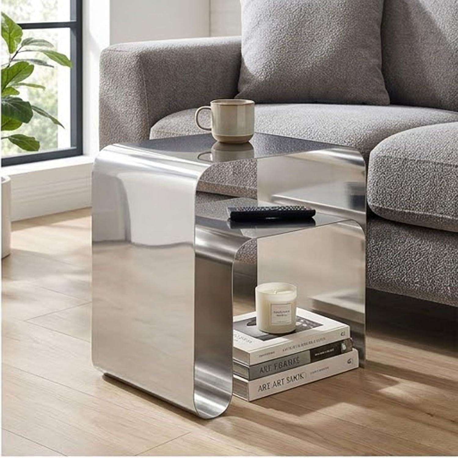 Modern Stainless Steel Side Table, Silver Metal End Table Elegant Minimalist Nightstand and Sofa Table Small Coffee Table for Bedroom Desktop Bookshelf Magazine Rack Multi-Functional Organizer(2mm)