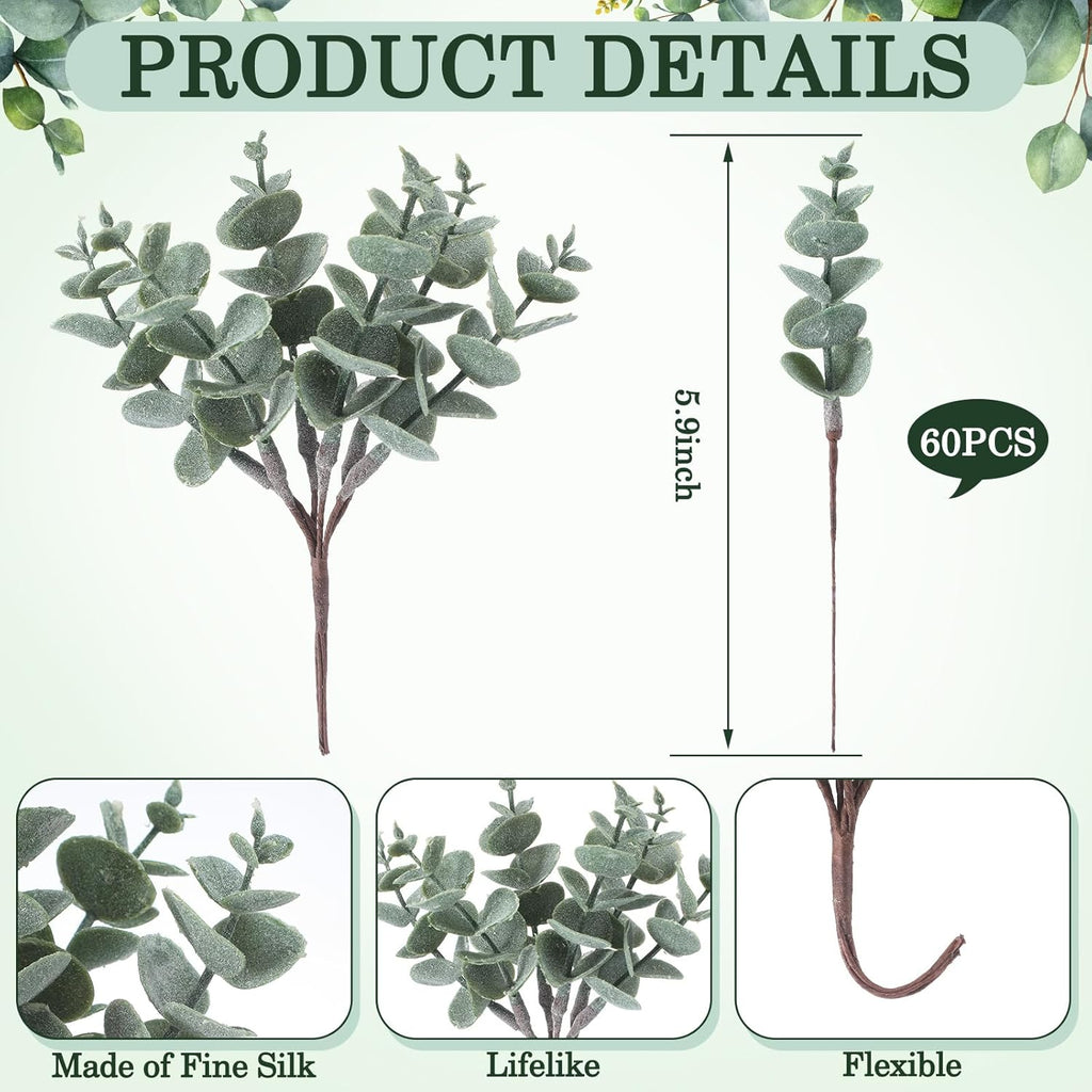 60 Pcs Mini Eucalyptus Stems 6 Inch Artificial Greenery Stem for DIY Bridal Wedding Vase Bouquet Floral Arrangement Centerpiece Baby Shower Home Table Decor Floating Candles