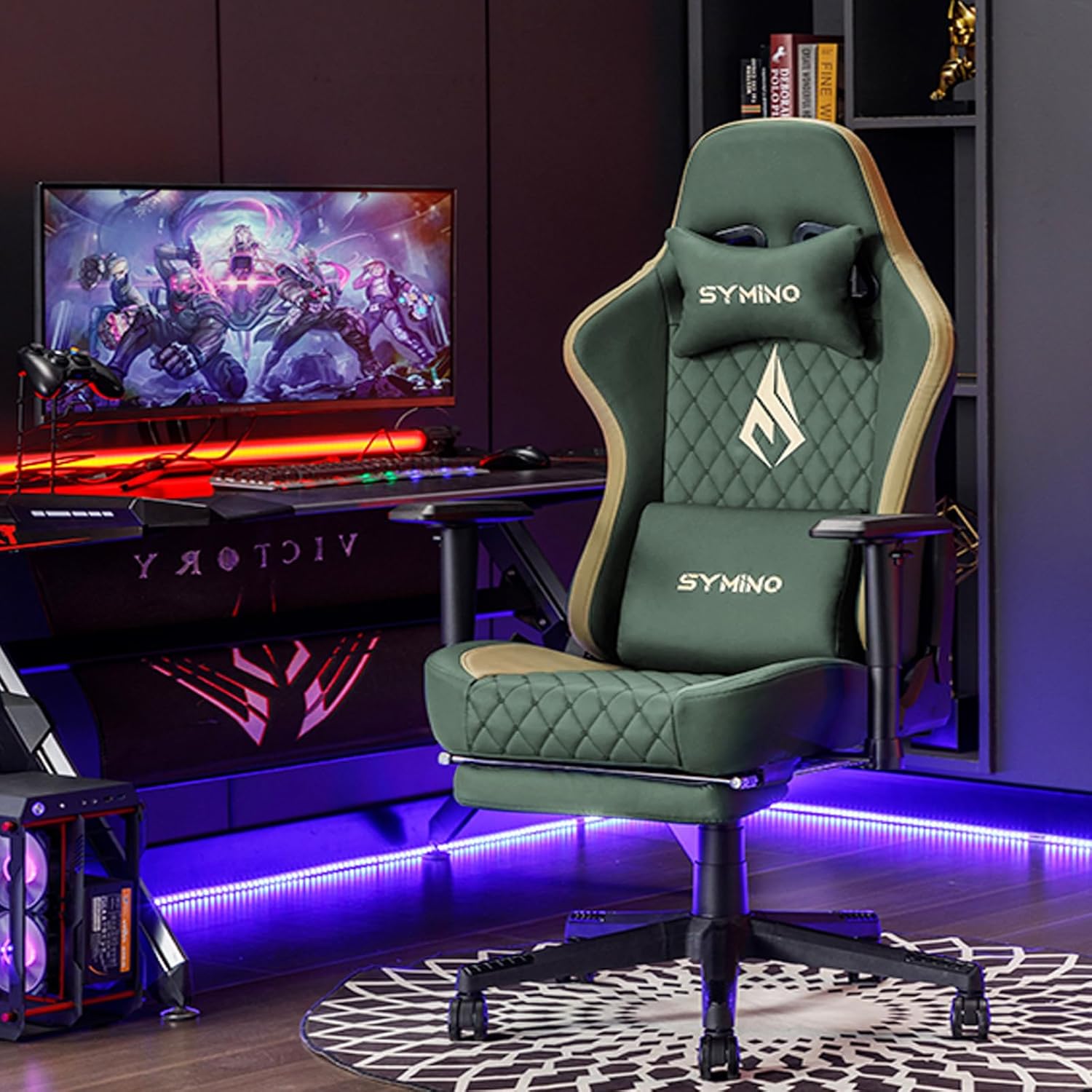 Symino Gaming Chair with Foot Rest, 2D Armrests PU Leather High Back Ergonomic Office Chair, 150° Recline Computer Desk Chair, Diamond Stitching, Green