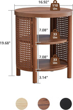 Small Round Side Set of 2, 16" Mid-Century Farmhouse End Table with Iron Rattan for Sofa Couch, Wood Storage Shelf + Metal Frame Nightstand for Bedroom, Living Room, Entryway (Walnut)