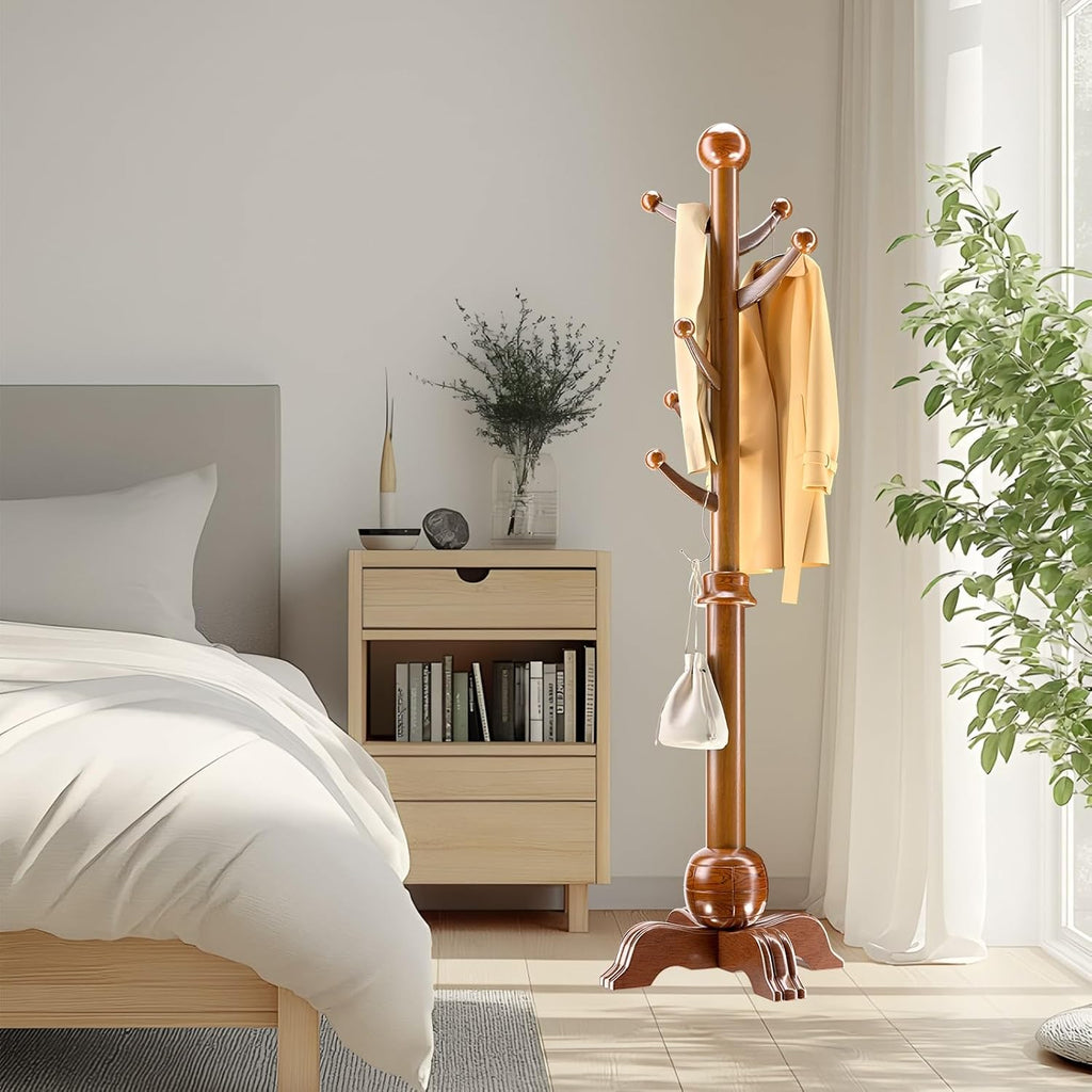 Solid Wood Coat Rack with 7 Rounded Hooks for Hanging, Tree Stand Coat Rack on Feet, Tree Shaped with 6 cm Thickened Main Pole, for Coats, Hats