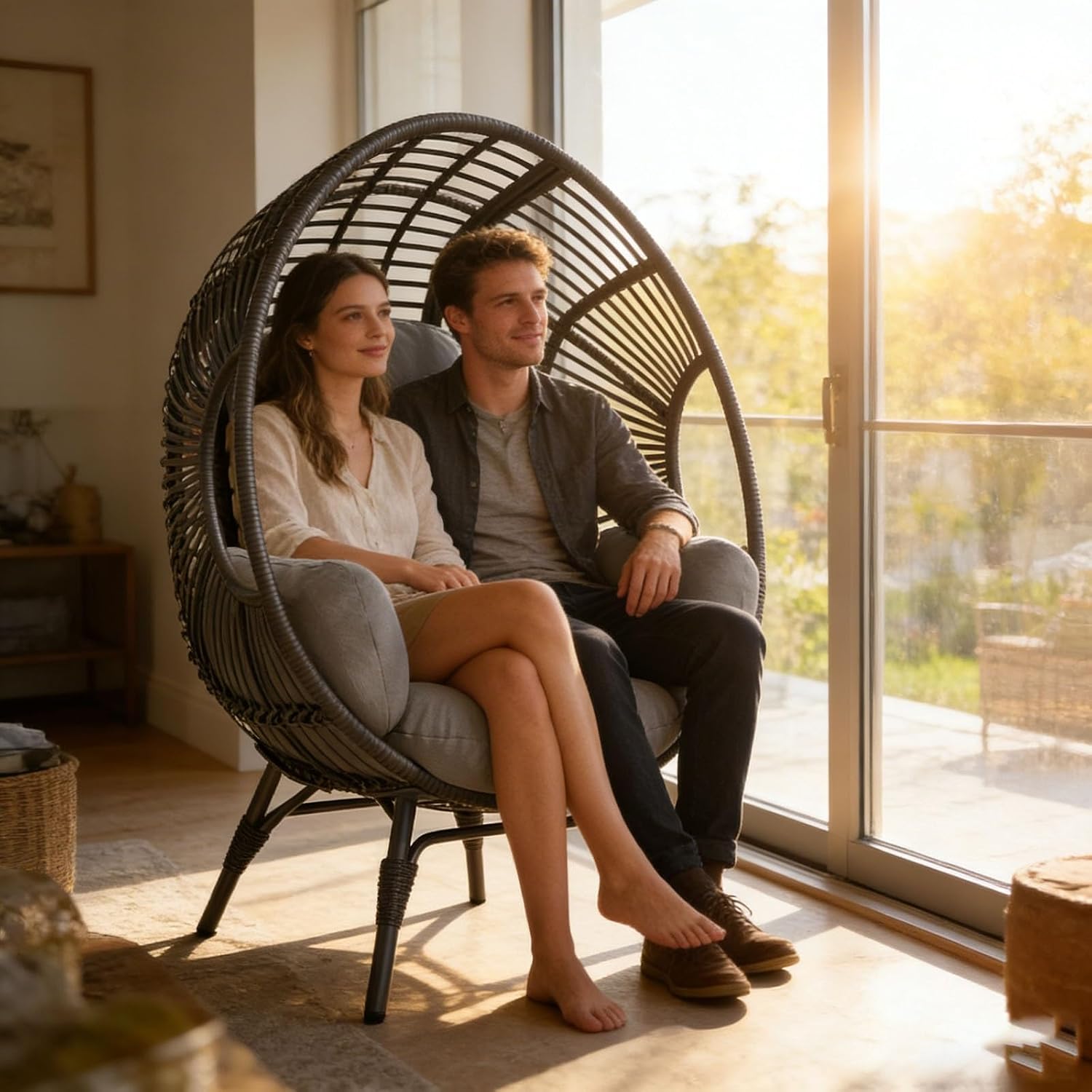 Wicker Chair Egg Style, Indoor Outdoor, 400lbs Capacity, 8-Inch Plush Cushion Balcony Chairs(Black+Gray)