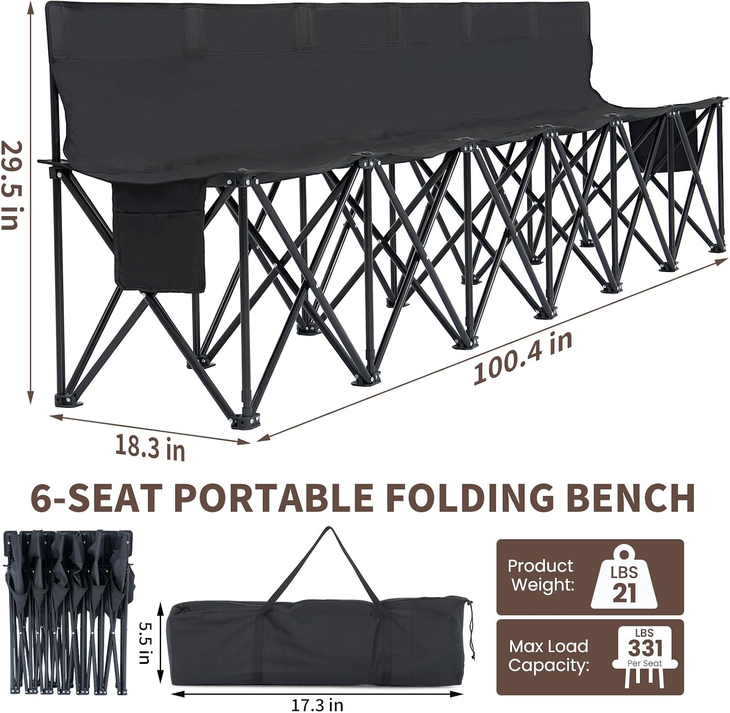 Begonia.K 6 Seats Portable Folding Soccer Benches for Team - Foldable Sideline Bench with Pockets & Carry Bag - Lightweight Team Chair for Football Camp Outdoor Sports Events