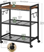 CHOEZON 3-Tier Rolling Bar Cart, Vintage Metal Kitchen Cart with Wheels, Mobile Storage Shelf, Rolling Microwave Stand with Mesh Shelves for Home Bar, Kitchen, Rustic Brown and Black TTC06BF