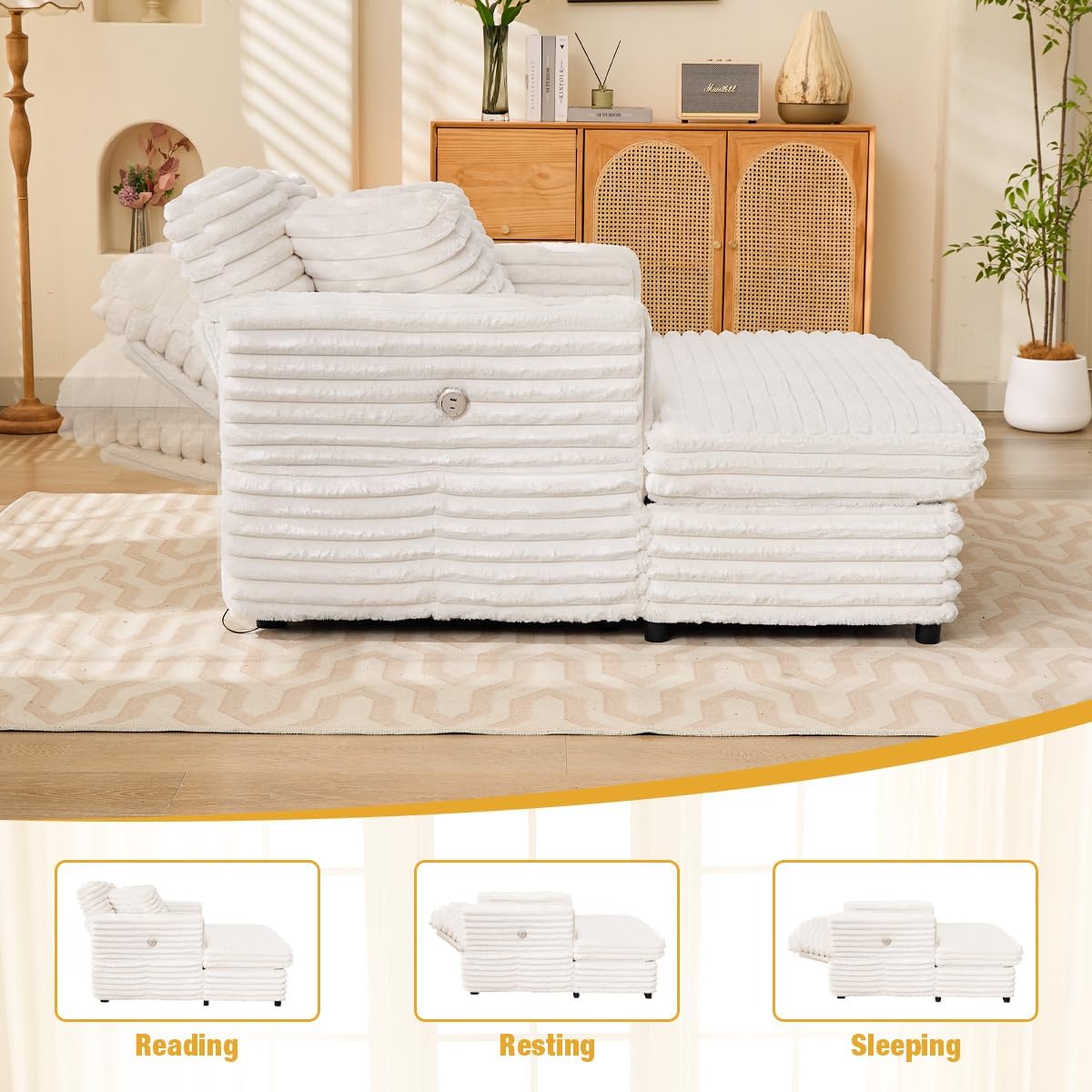 66'' Oversized Chaise Lounge Chair Soft Velvet Upholstery for Living Room, Chaise Lounge Chair Includes Cup Holders Side Pockets and USB & Type-C Charging Ports, Comfy Lounge with Sturdy Backrest