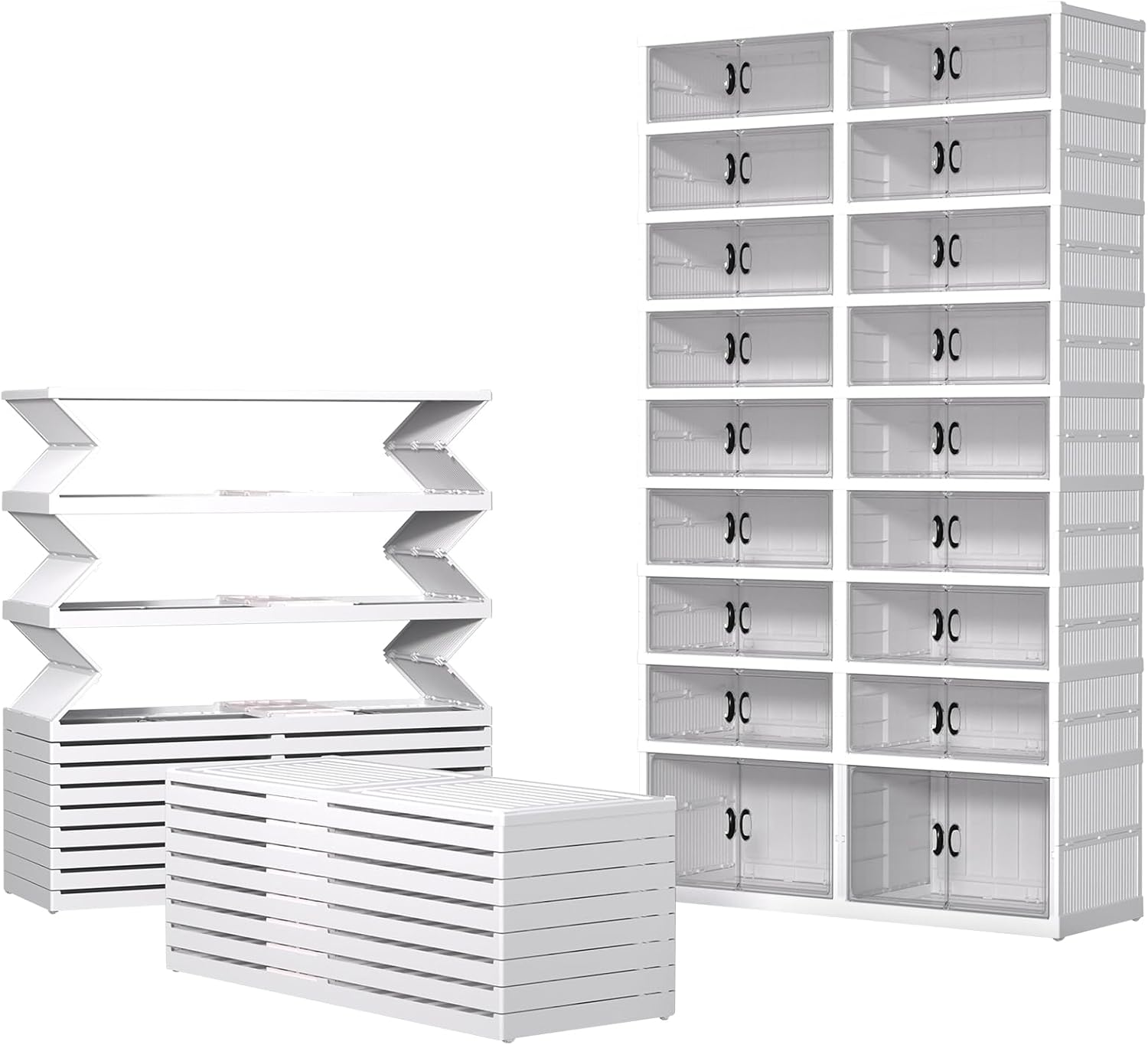 GCCSJ 9 Tiers 36 Pairs Foldable Shoe Rack Organizer, Plastic Collapsible Shoe Shelf, Folding Shoe Box Storage Cabinet with Magnetic Clear Door Easy Assembly