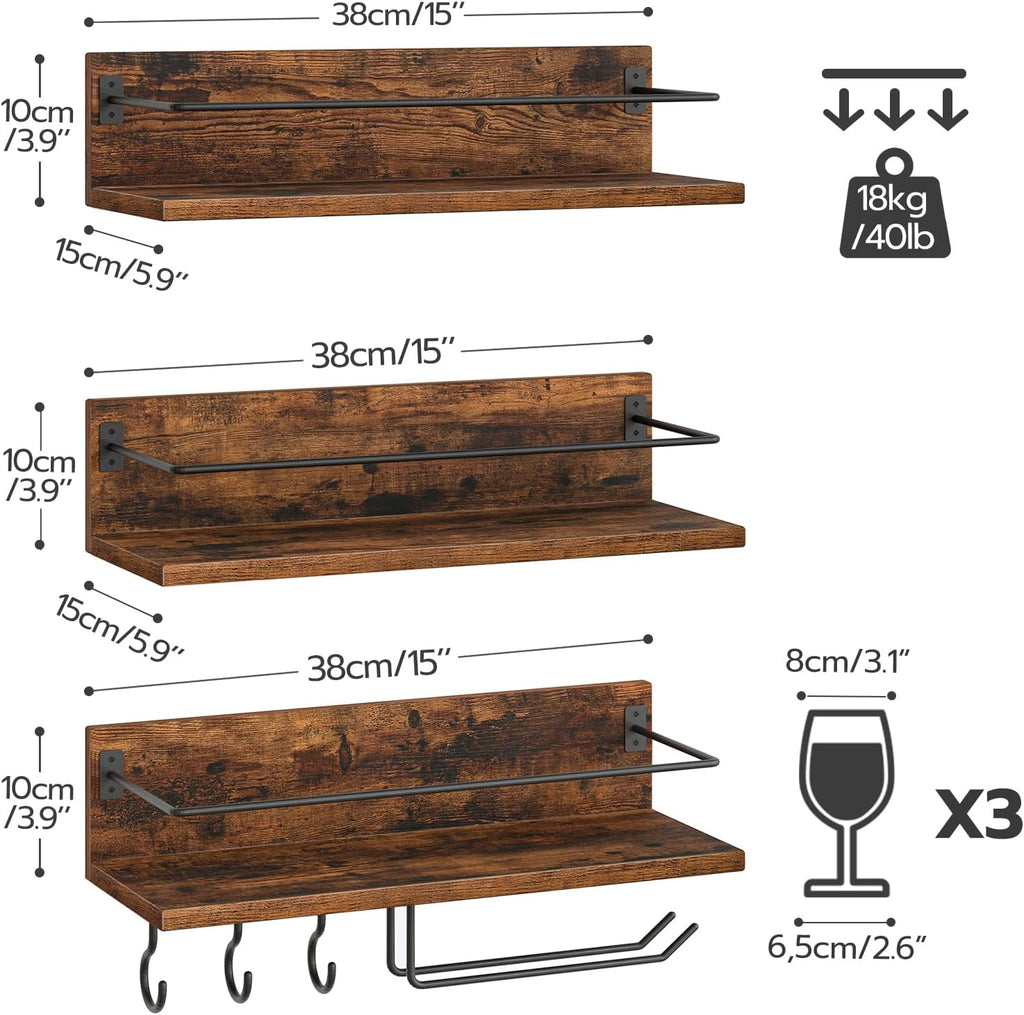 HOOBRO Small Round Side Table and Wall Mounted Wine Rack 3 Pack, Drink Table, Wine Shelf Hanging Floating Wall Shelves, Wine Glass Bottle Rack Stemware Holder BF168BZ01-BF33BJ01