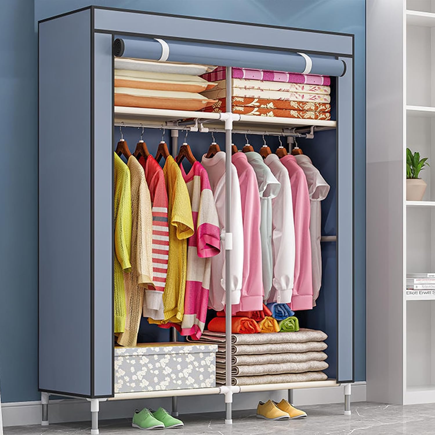 Portable Canvas Wardrobes for Bedroom,Canvas Wardrobe,Foldable Clothes Storage Organiser with Shelves,2 Hanging Rail,Clothing Wardrobe Shelves Cupboard,Grey