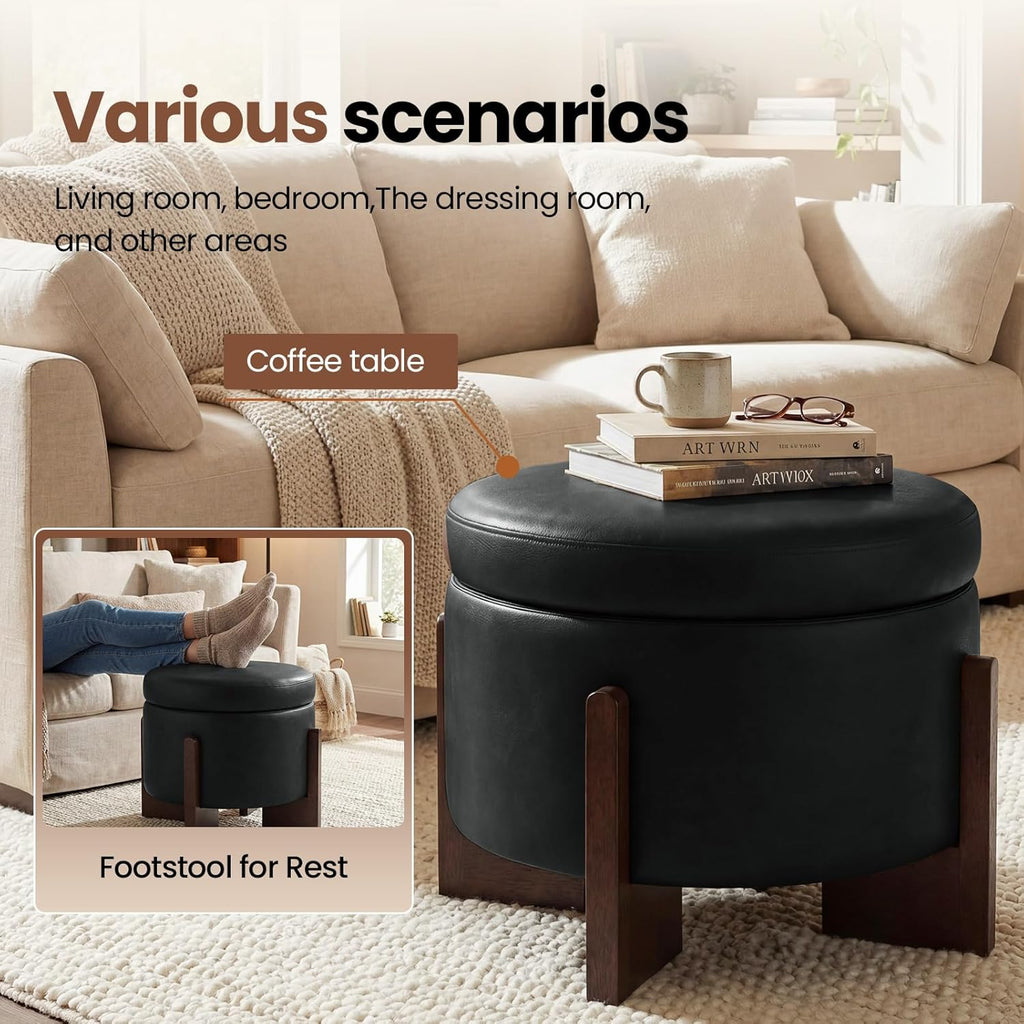 Faux Leather Round Ottoman, 22 Inch Storage Ottoman,PU Leather Ottoman,Multi-Functional Footrest for Living Room & Bedroom,Apartments (Black, Round)