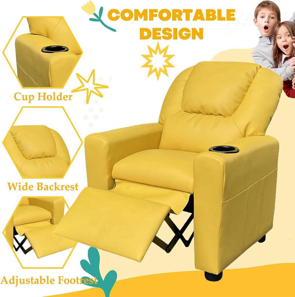 Kids Recliner Chair w/ Cup Holder, Toddler Recliner Chair Ages 1-4, 2-in-1 PU Leather Single Sofa for Boys/Girls, Kids Lazy Boy Chairs, Upholstered Armchair, Adjustable Backrest & Footrest (Yellow)