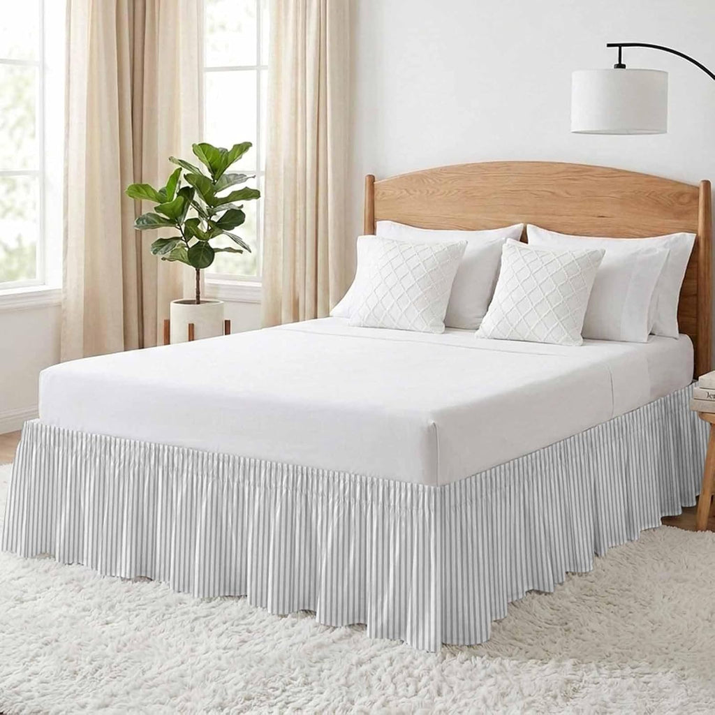 Grey Vertical Striped Bed Skirt Queen Size 16 Inch Drop, Adjustable & Elastic Wrap Around Bed Skirts Pleated Luxury Dust Ruffles for Twin Full Queen Cal King Base Bed, Farmhouse Thin Line Stripes