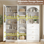 Cyclysio 80" Tall Pantry System with Tempered Glass Doors, Arched Corner Pantries with 3 Drawers, Wooden Cupboard with 6-Tier Open Shelves for Living Room