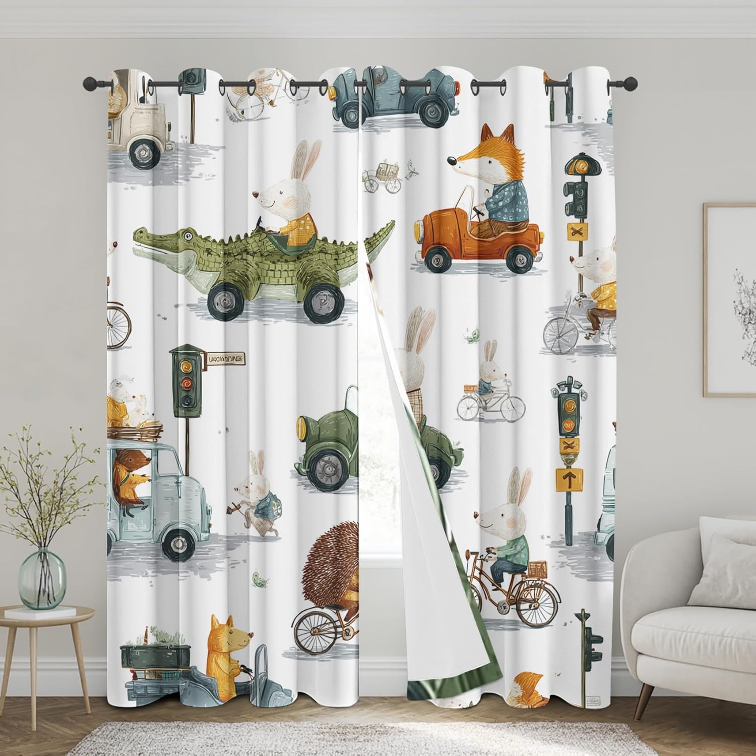 Cartoon Animals Kids Curtains for Boys Bedroom, City Street Car Vehicles Blackout Curtains 39 Inches Long, Thermal Insulated Short Window Drapes for Nursery & Room Decor 27.5Wx39L