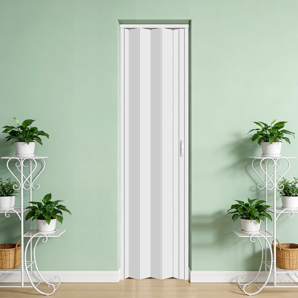 24×80in PVC Internal Accordion Folding Door, Multifold Sliding Door for Closet, White in Color, with Installation Hardware; Handle; Latch.