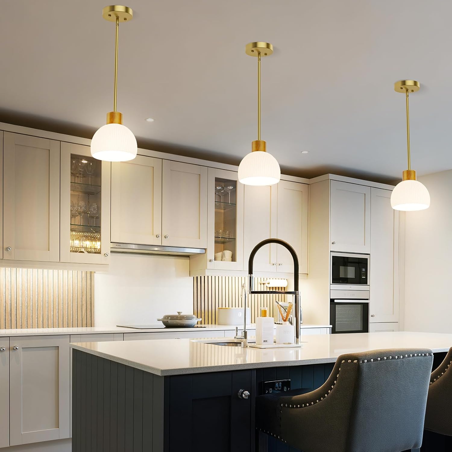 Pendant Lights Kitchen Island, Modern Gold Hanging Light Fixture with Glass Shade, Hardwired Adjustable Metal Rod for Dining Room, Entryway (2, Gold)