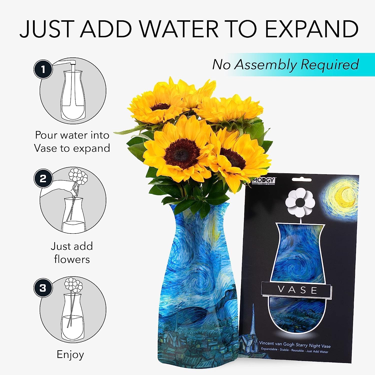 MODGY Collapsible and Expandable Plastic Flower Vase, Unbreakable, Foldable, Decorative Modern Centerpieces, Table Decorations, Van Gogh Starry Night, 1 Pack