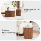 Fluted Round Nesting Coffee Table Set of 2, Mid Century Modern Wood Coffee Tables and End Table Set, Circle Side Table Minimalist Center Tables for Living Room, Office(Walnut)