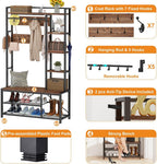 BON AUGURE Hall Tree with Shoe Storage, 5-in-1 Reversible Entryway Bench with Coat Hooks for Hallway, Rustic Wood and Metal Coat Rack with Shelves for Mudroom (Rustic Oak)