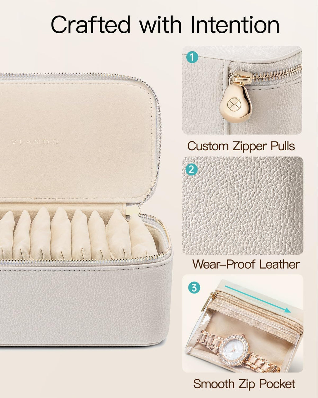 VLANDO Travel Jewelry Case,Jewelry Box with 12 Velvet Jewelry Pouch Jewelry Travel Organizer for Women Girl Jewelry Case Necklace Rings Earrings Bags Wedding Gifts (White)