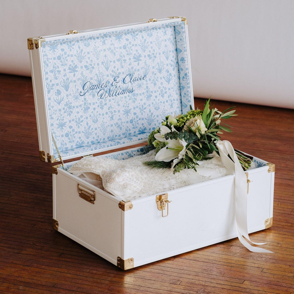 Momento Wedding Keepsake Trunk | Personalized Memory Box for Wedding Mementos | Handmade in USA | Metal and Plywood Construction | Standard Size 20" (White/Botanicals)