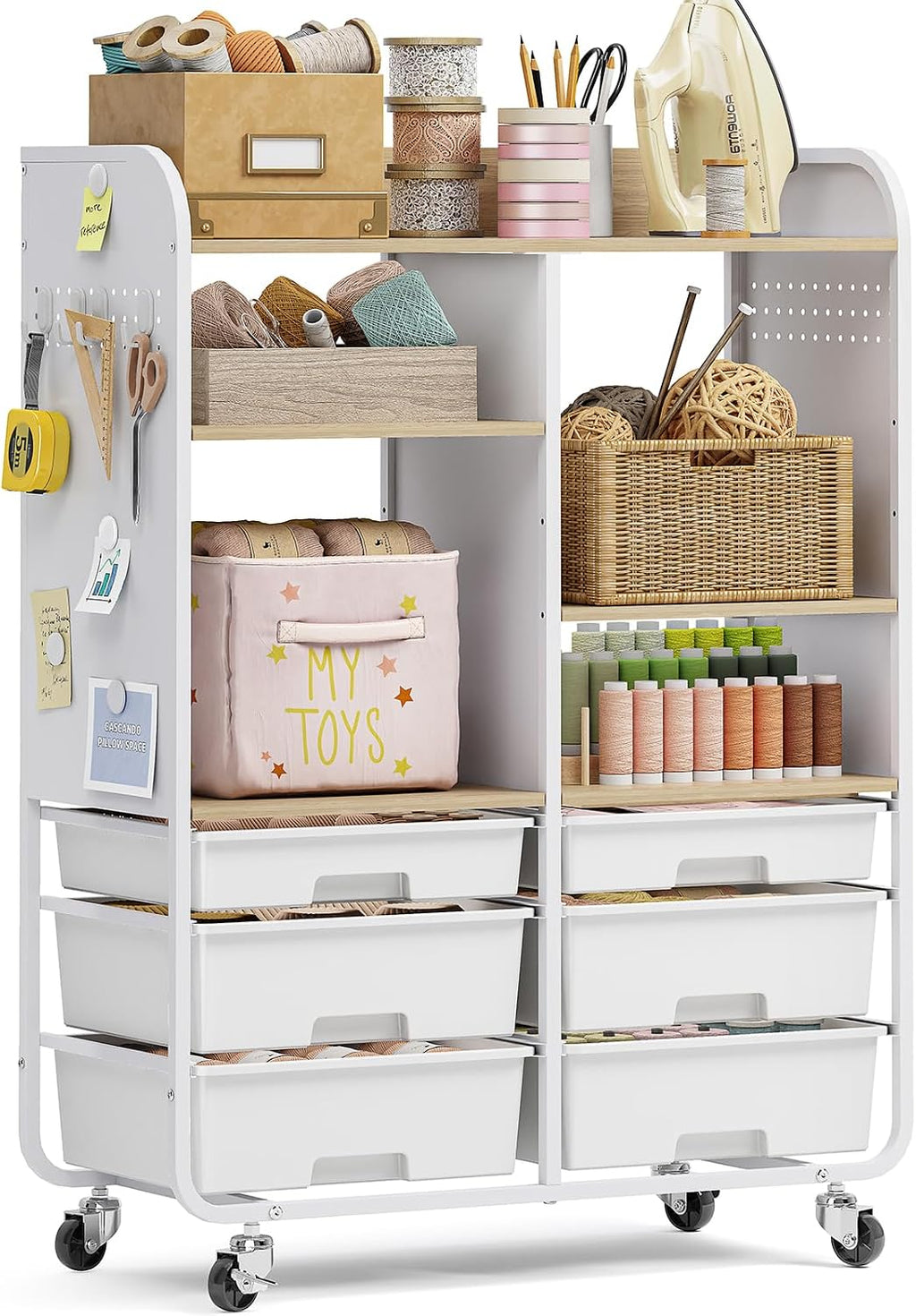 6-Drawer Rolling Storage Cabinet with Wooden Top & Pegboards，Utility Craft Cart with 2 Adjustable Shelves and Lockable Wheels,Mobile Organizer for School Dorm,Classroom,Artroom,Craftroom (White)