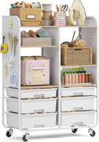 6-Drawer Rolling Storage Cabinet with Wooden Top & Pegboards，Utility Craft Cart with 2 Adjustable Shelves and Lockable Wheels,Mobile Organizer for School Dorm,Classroom,Artroom,Craftroom (White)