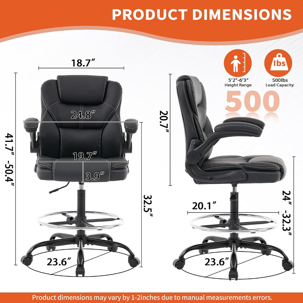 Drafting Chair Tall Office Chair for Standing Desk, 500lbs Heavy Duty Executive Chair with Flip-up Arms, 3D Contoured Leather Desk Chair with Adjustable Foot Ring & Height for Counter Height Desk