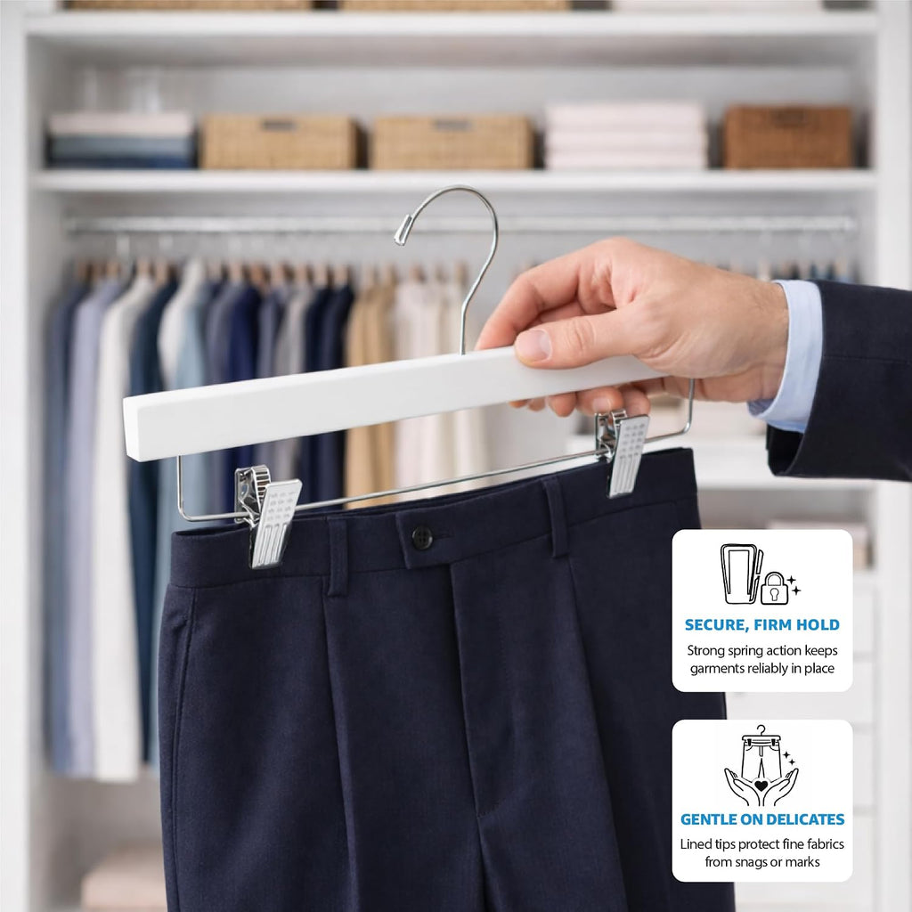 ZOBER Wooden Pants Hangers with Clips - 10 Pack Premium Wood Skirt Hangers for Women, Heavy Duty Wooden Hanger with Adjustable Metal Grip Clips for Jeans and Shorts, Smooth Finish White