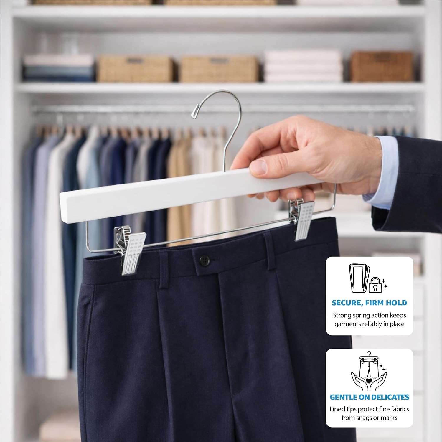 ZOBER Wooden Pants Hangers with Clips - 10 Pack Premium Wood Skirt Hangers for Women, Heavy Duty Wooden Hanger with Adjustable Metal Grip Clips for Jeans and Shorts, Smooth Finish White
