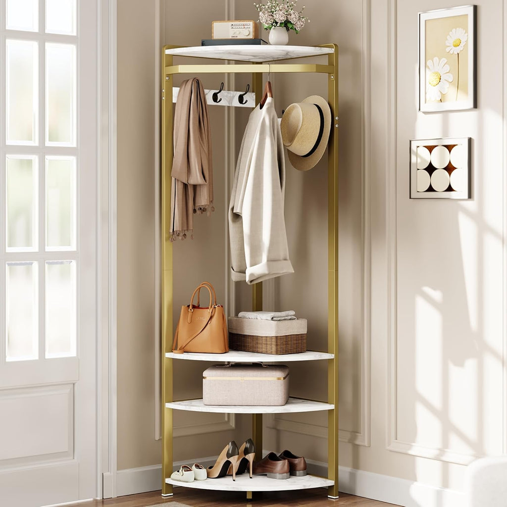 IDEALHOUSE Corner Coat Rack with Shoe Bench Entryway and 6 Double Hooks, Corner Hall Tree - Corner Clothes Rack with Storage Corner Tree with Organizer Shoe Bench Shelf for Entryway, Hallway, Closet