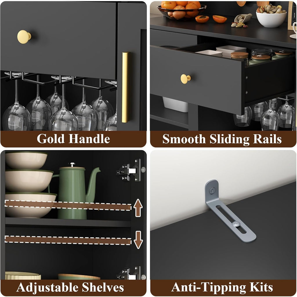 72'' Tall Kitchen Pantry Storage Cabinet with Led Light - Black Pantry Cabinet with Storage Drawers & Pegboard, Kitchen Hutches Cabinets with Wine Racks & Glass Door, Wine Bar Cabinet for Living Room