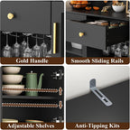 72'' Tall Kitchen Pantry Storage Cabinet with Led Light - Black Pantry Cabinet with Storage Drawers & Pegboard, Kitchen Hutches Cabinets with Wine Racks & Glass Door, Wine Bar Cabinet for Living Room