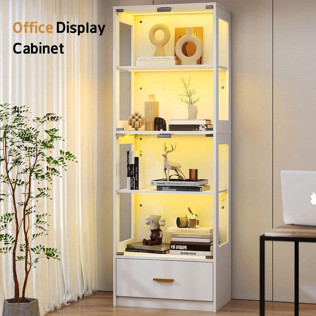 Lamtor Glass Display Cabinet with Doors - Curio Cabinet with Dynamic LED Lights for Collectibles, 67" Display Case with 4 Tier and Drawer for Figure, Toys, Books, White(Narrow)