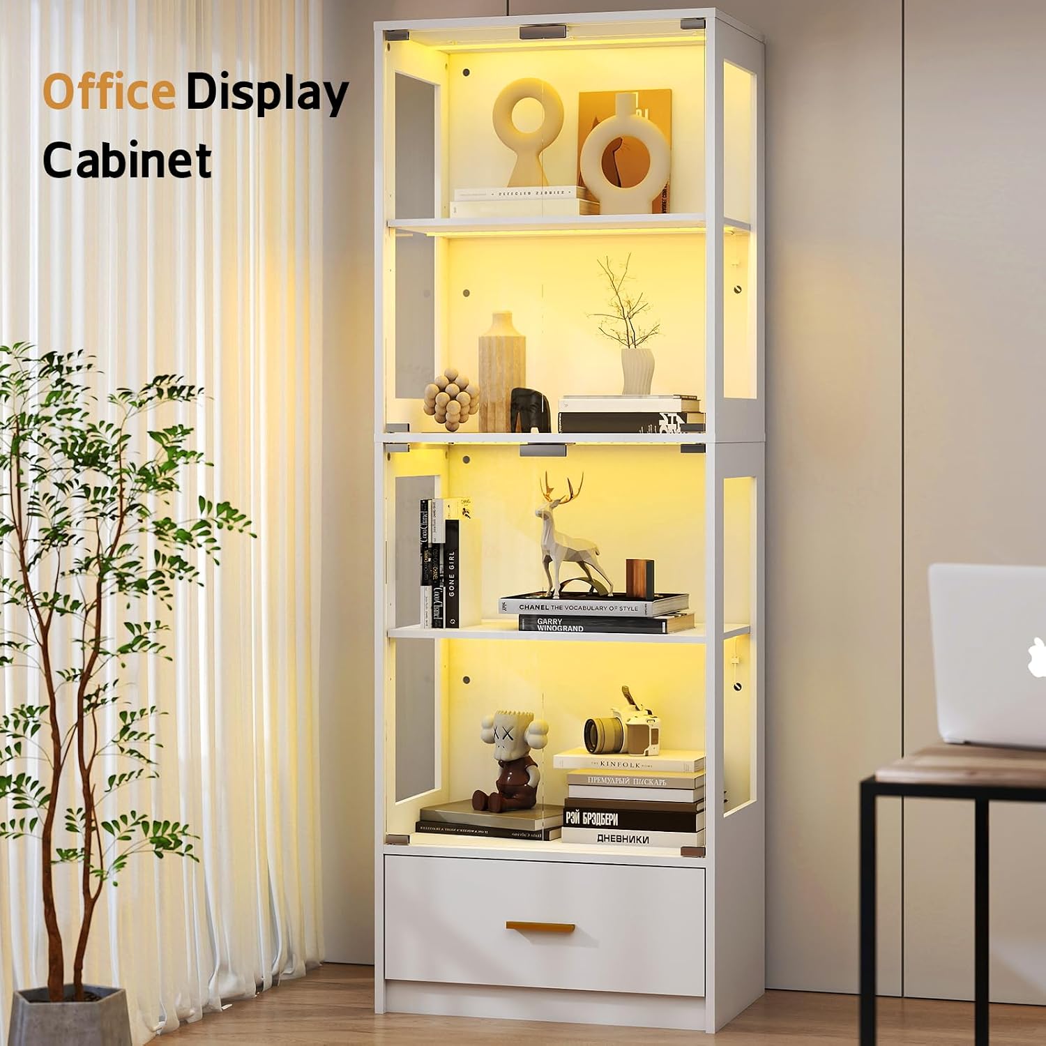 Lamtor Glass Display Cabinet with Doors - Curio Cabinet with Dynamic LED Lights for Collectibles, 67" Display Case with 4 Tier and Drawer for Figure, Toys, Books, White(Narrow)