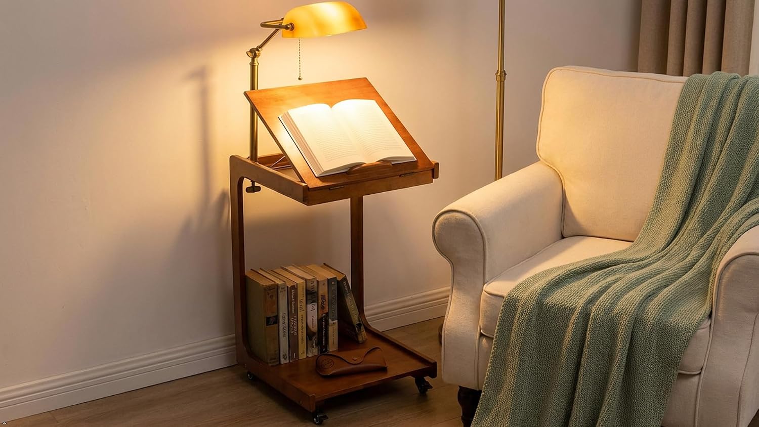 LEEMTORIG Small Rolling Side Table with Wheels, C-Shaped End Table with Storage, Adjustable Desktop Couch Table, Wooden Bedside Table Nightstand with Lockable Wheels for Living Room Bedroom BJ101-WL