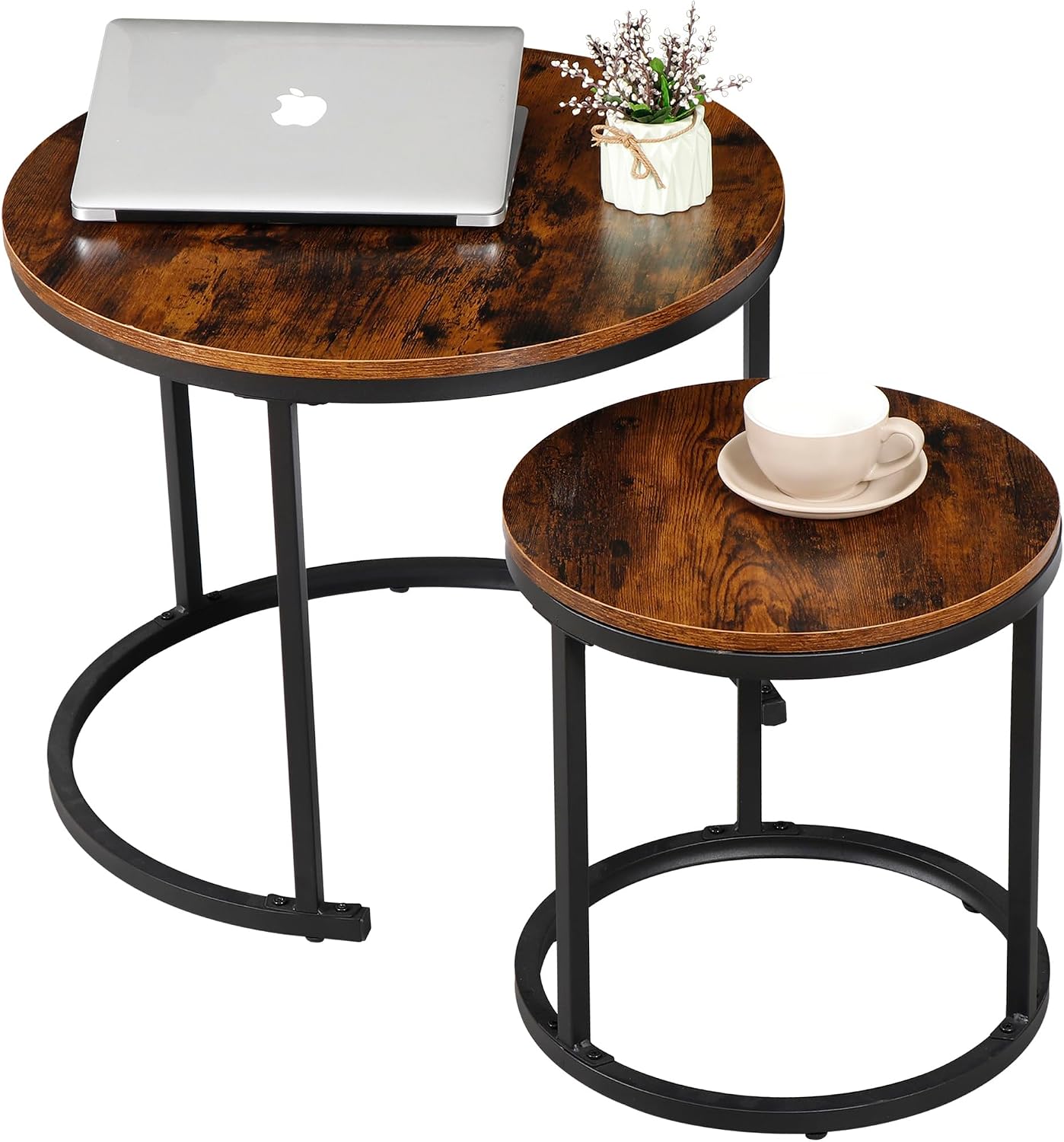 SUPER DEAL Small Round Coffee Tables for Living Room Apartment, Set of 2 Industrial Nesting Side End Table w/Wooden Surface Top and Sturdy Metal Legs Modern Table, Rustic Brown