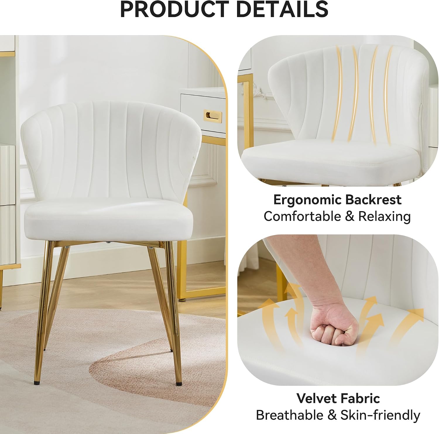 WUTUTUEE Velvet Vanity Chair Set of 2, Modern Makeup Chair with Back Golden Legs, Small Cute Accent Chair for Vanity, Living Room, Bedroom, White