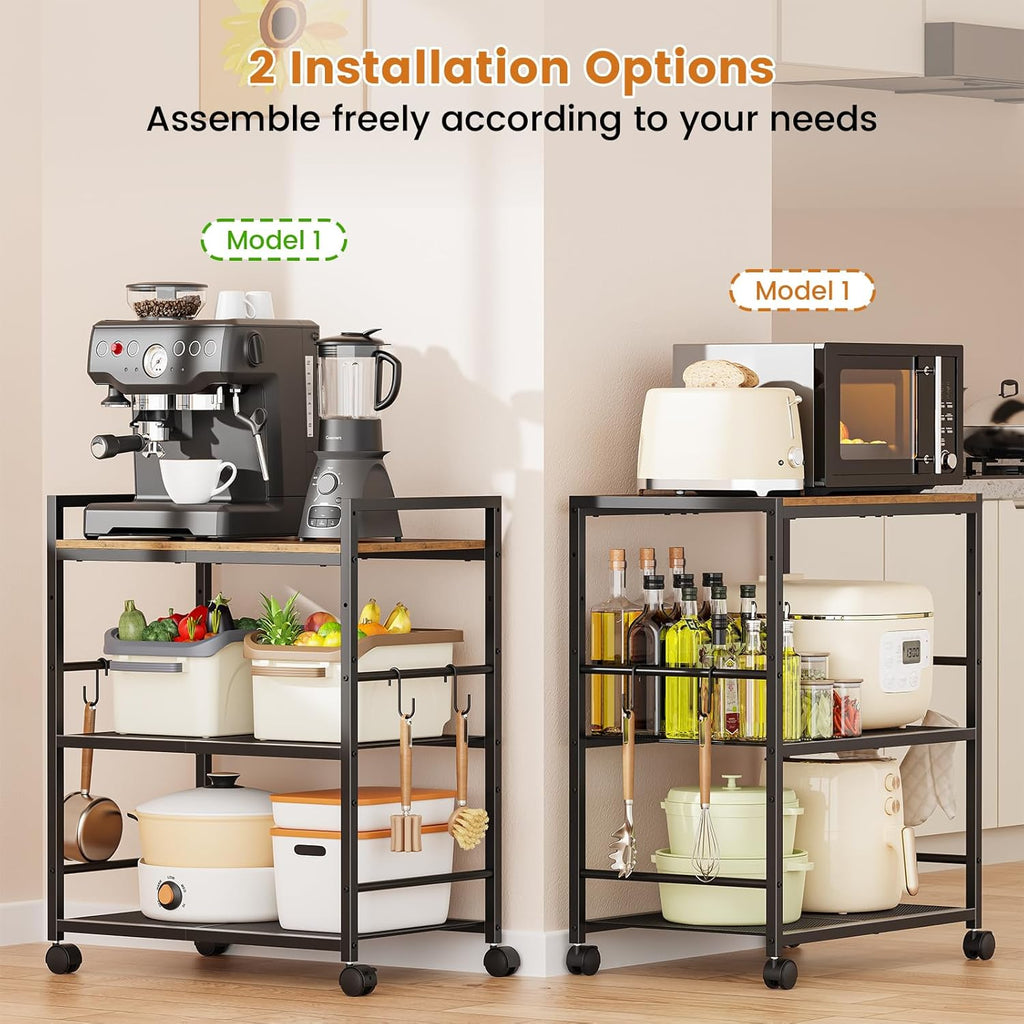 Rolling Kitchen Microwave Cart, 3-Tier Microwave Stand with Adjustable Shelf, Kitchen Storage Cart on Lockable Wheels, Coffee Bar Cart Shelf Rack Organizer for Kitchen, Living Room, Office, Balcony
