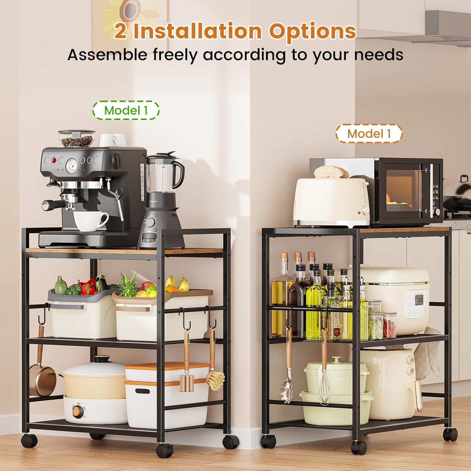 Rolling Kitchen Microwave Cart, 3-Tier Microwave Stand with Adjustable Shelf, Kitchen Storage Cart on Lockable Wheels, Coffee Bar Cart Shelf Rack Organizer for Kitchen, Living Room, Office, Balcony
