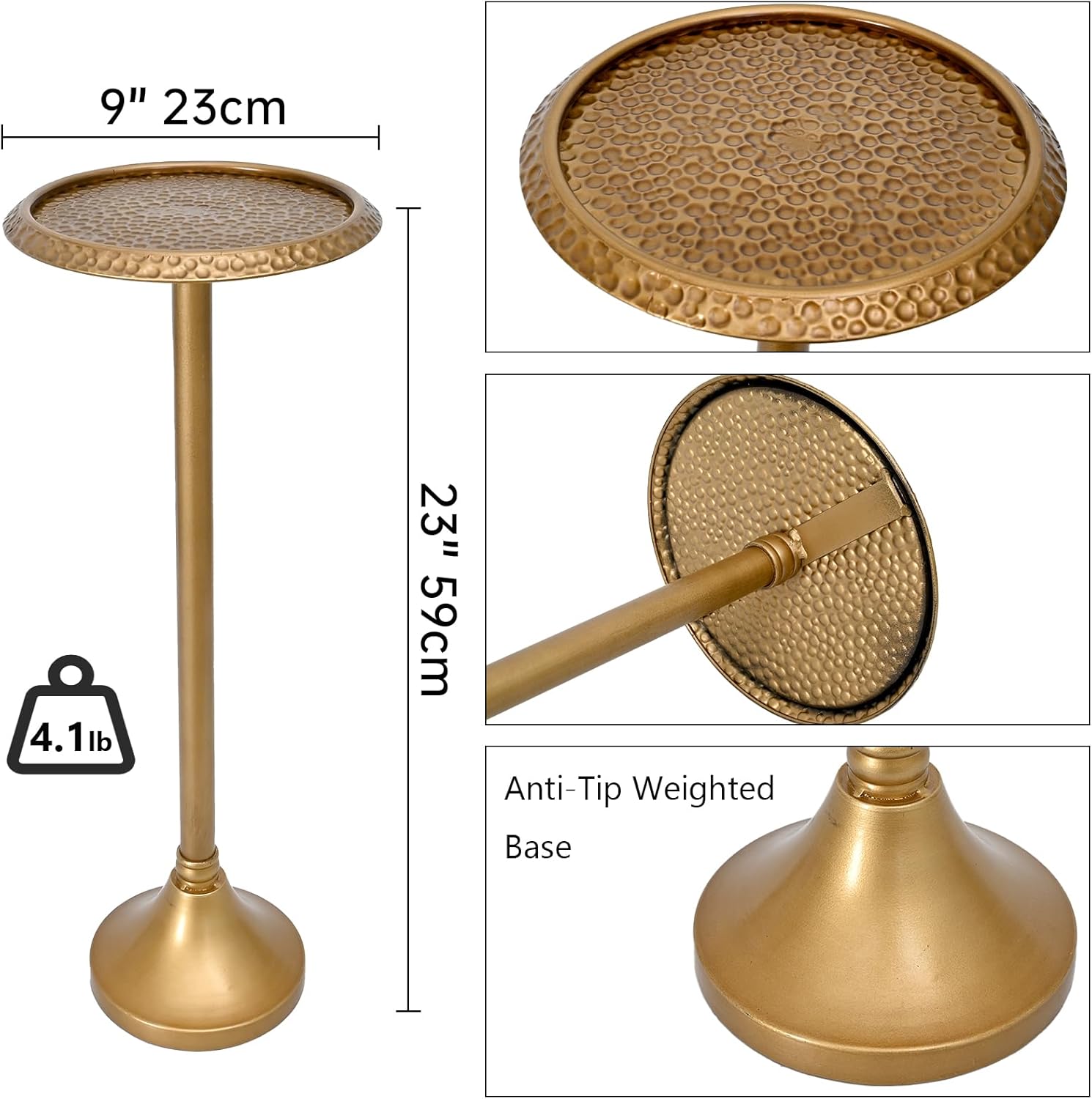 SwallowLiving Antique Gold Drink Table – Hammered Metal Side Table for Small Spaces – Round Pedestal End Stand for Living Room, Bedroom, Office & Apartment Corner – Weighted Base, 23 Inch Tall
