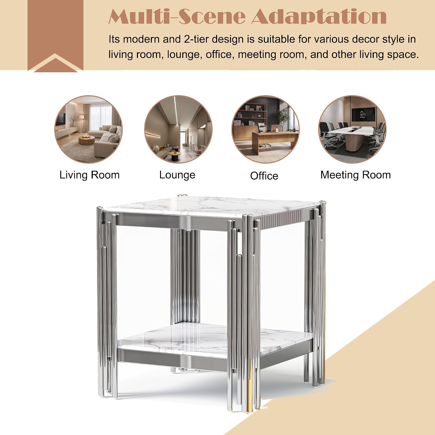 19" White Marble Side Table, 2-Tier Square Modern End Table with Silver Stainless Steel Metal Leg, Luxury Small Sofa Table for Living Room, Home Office