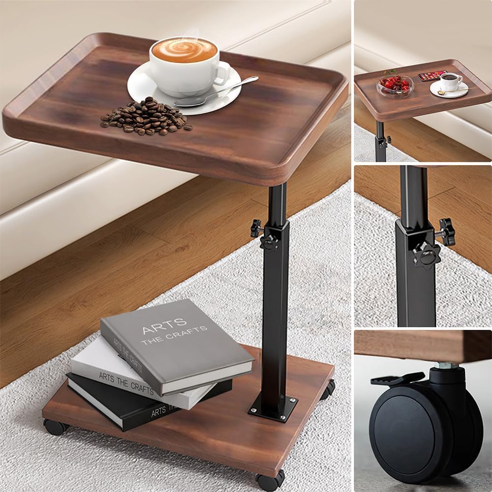 C Table End Table Adjustable Height for Couch, 360°Swivel TV Tray Table, Couch Tables That Slide Under for Eating on Couch, Bedroom or Livingroom Laptop-Table for Couch Side Desk with Wheels