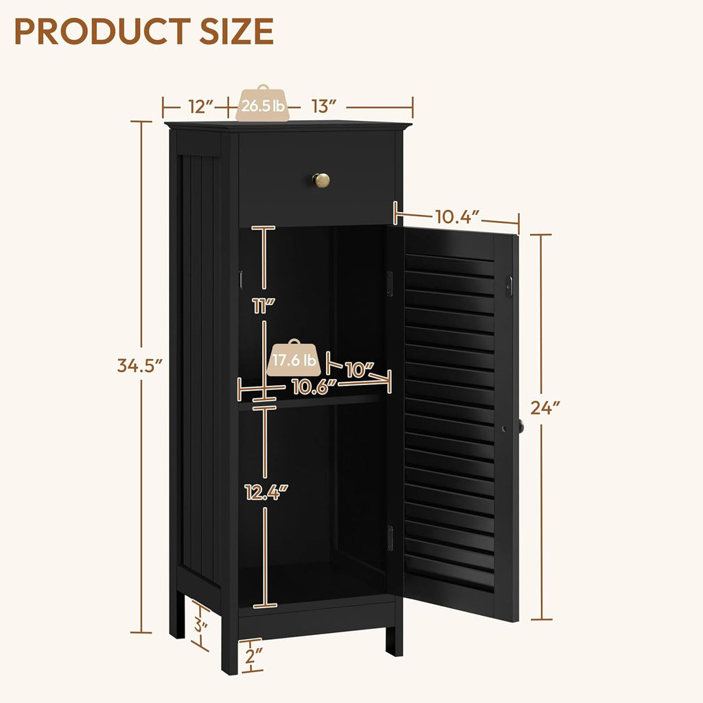 Yaheetech 34.5”H Bathroom Storage Cabinet, Narrow Floor Cabinet with 1 Drawer & 1 Door,Slim Storage Organization for Bathroom,Living Romm,Hallway,Corner,Small Space,Black