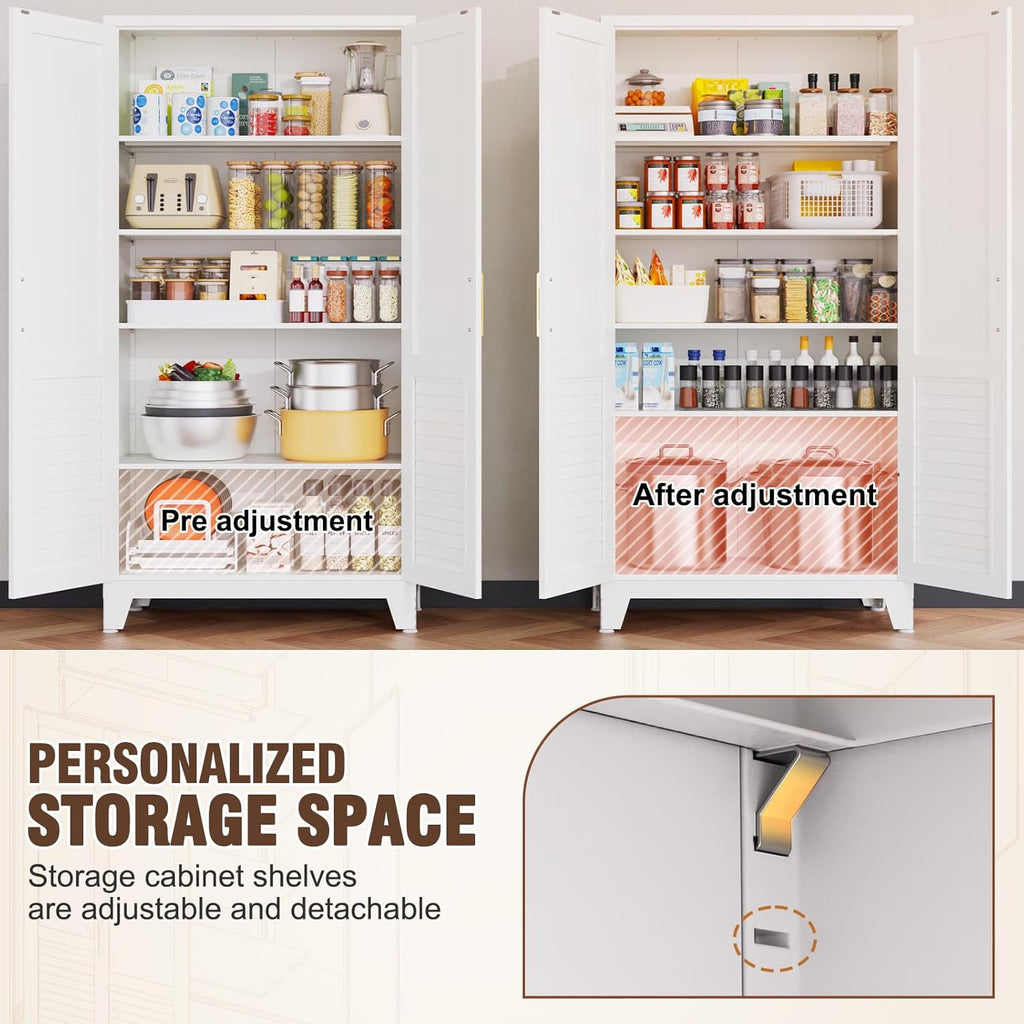 75''Storage Cabinet ,Pantry Cabinet with Doors and Shelves,Tall Kitchen Pantry Cabinet, White Metal Kitchen Storage Cabinets, Freestanding Cupboard for Laundry Bathroom Living Room, Assemble Required